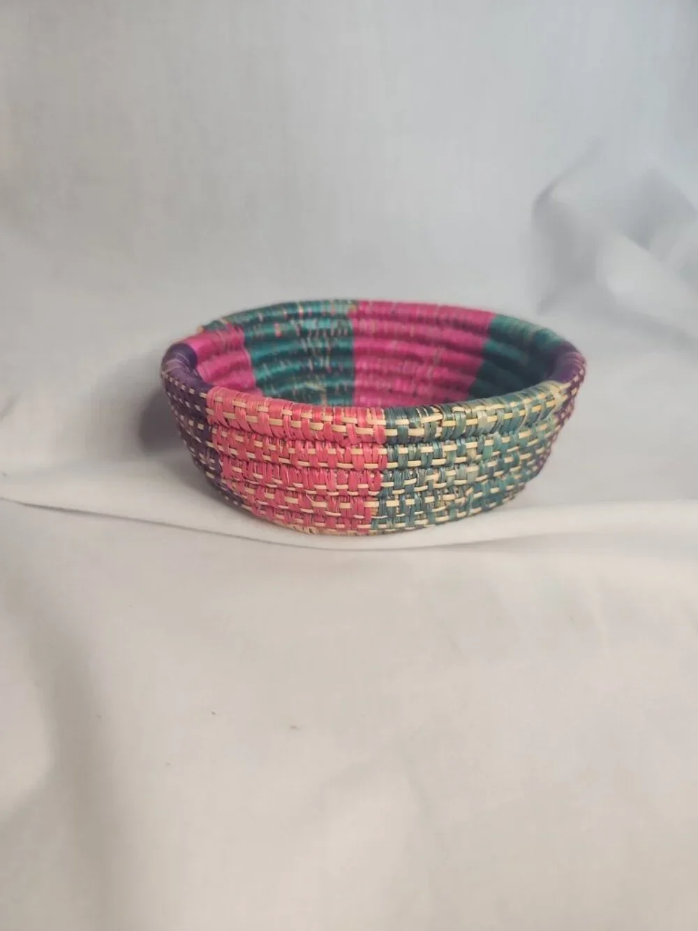 Handcrafted Round Basket Bolga Style Pink Purple Teal Keys Jewelry Trinkets